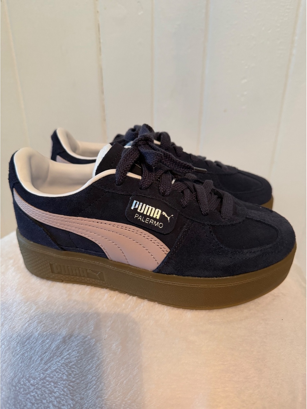 Puma Palermo Suede Platform Sneakers in Navy Blue and Pink, Women's Size 7.5